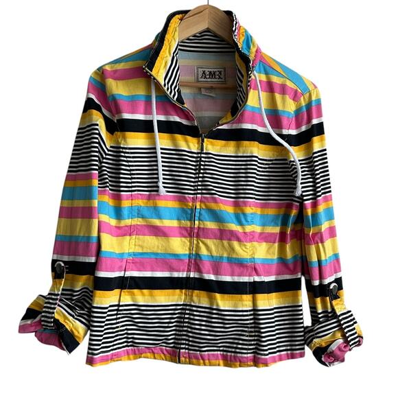 VTG‎ Y2K AMI Women Jacket L Rainbow Stripe Windbreaker Preppy Coastal Travel - Picture 7 of 13